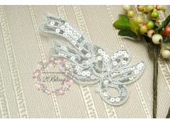 Long Silver Sequin trim applique, 14x6.5 cm